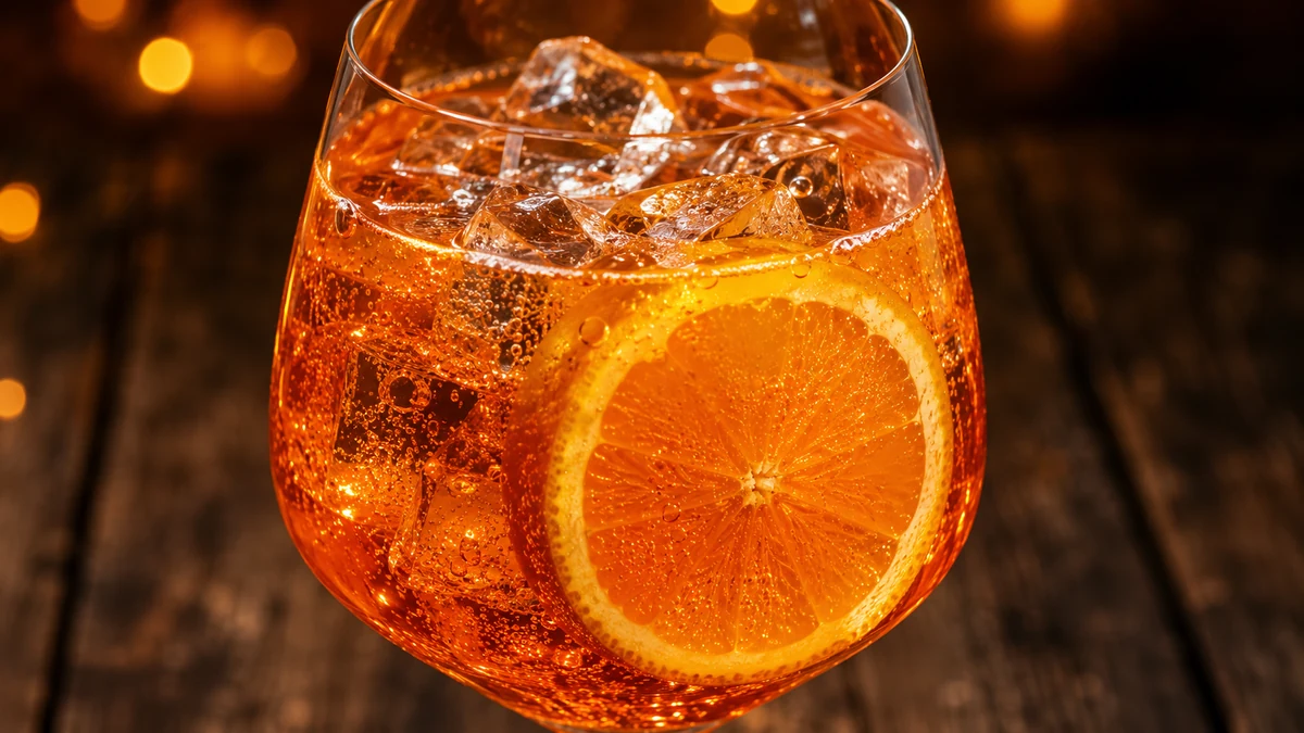 Aperol Spritz ve velké vinné sklenici s ledem a plátkem pomeranče