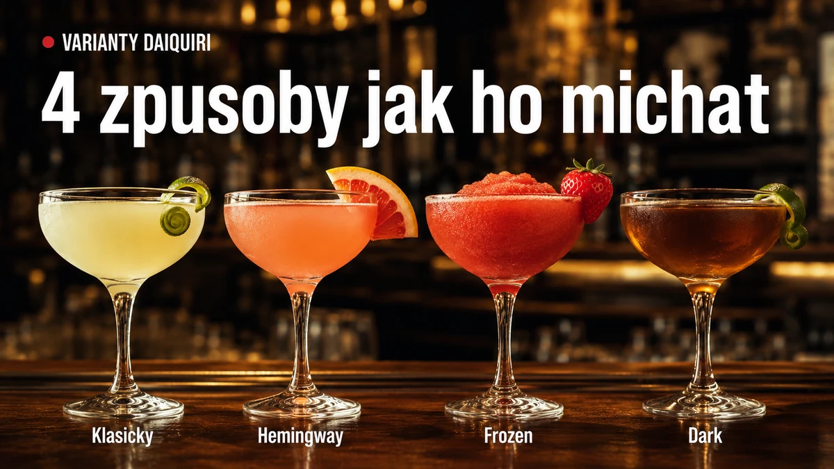 Čtyři varianty Daiquiri vedle sebe — klasické bílé Daiquiri, růžové Frozen Strawberry Daiquiri, žlutozelené Nuclear Daiquiri a tmavé Dark Daiquiri v koktejlových sklenicích coupe