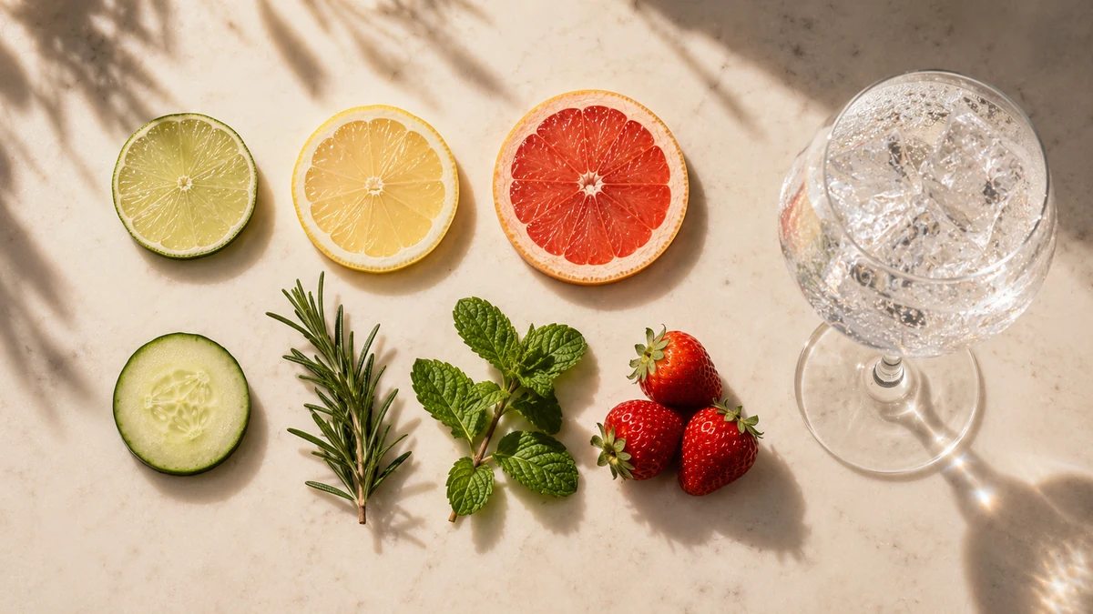 Sedm garnišů pro Gin & Tonic — limetka, citron, grapefruit, okurka, rozmarýn, máta, jahody