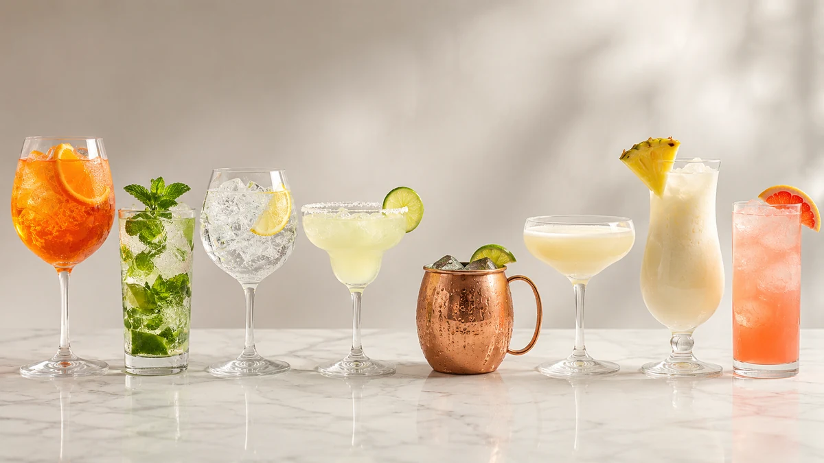 Osm letních koktejlů ve sklenicích — Aperol Spritz, mojito, gin tonic, margarita, moscow mule, daiquiri, piña colada a paloma