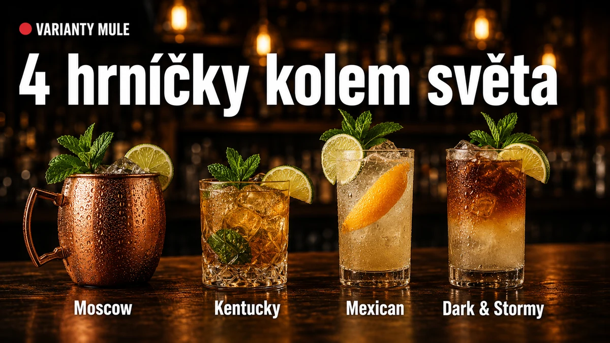 Čtyři varianty Mule kolem světa — Moscow v měděném hrníčku, Kentucky, Mexican a Dark and Stormy vedle sebe na craft baru