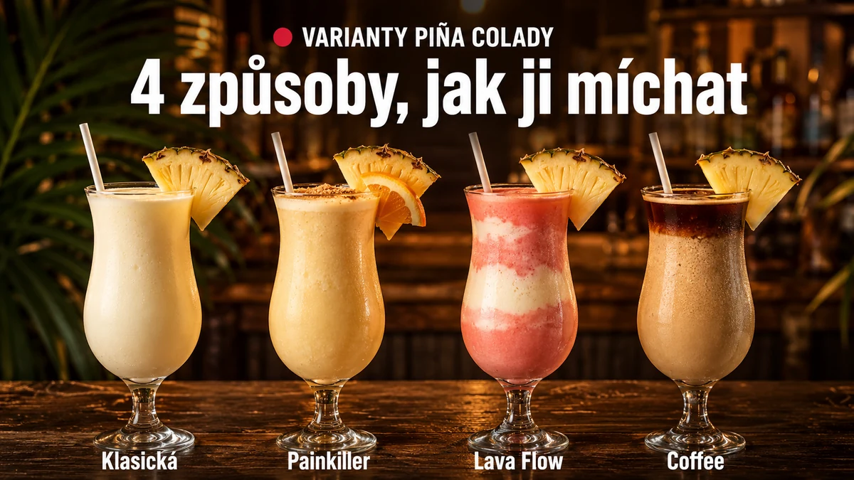Čtyři varianty Piña Colady vedle sebe — Klasická, Painkiller, Lava Flow a Coffee Piña Colada v hurikanových sklenicích