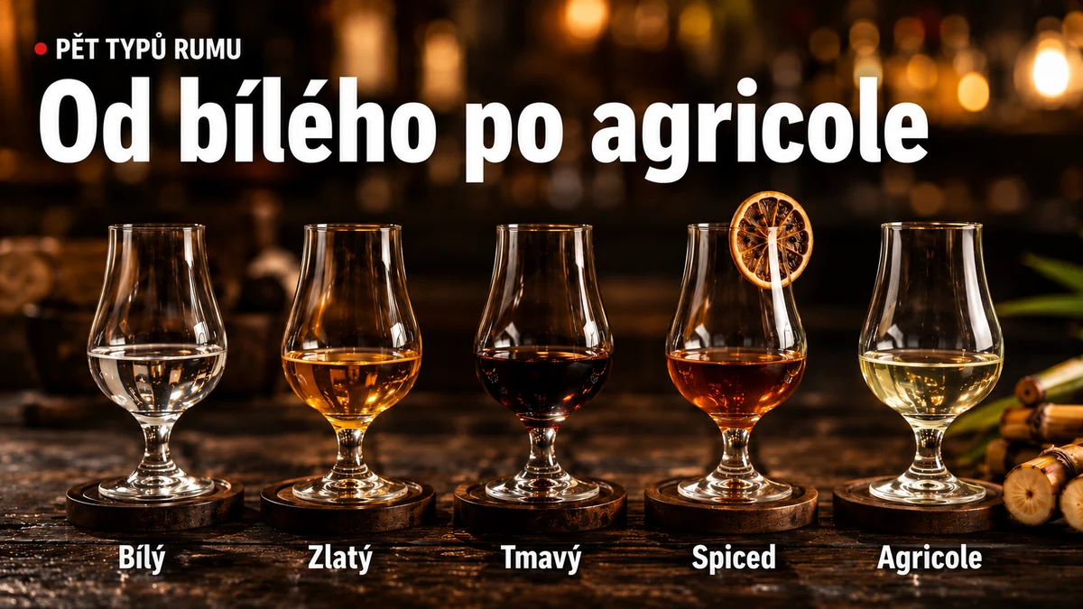 Pět typů rumu vedle sebe — bílý, zlatý, tmavý, spiced a agricole — přehled barev a charakteristik